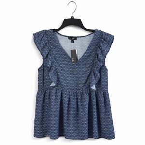 L.N.V Navy Blue Flutter Sleeve Babydoll Top Large NWT Lightweight